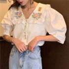 Balloon-sleeve Floral Embroidered Blouse White - One Size