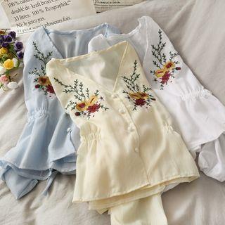 Flower-embroidered V-neck Top