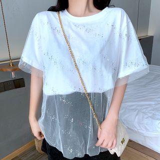 Mesh Panel Sequined Short Sleeve Top