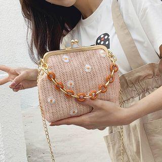 Floral Embroidered Woven Crossbody Bag