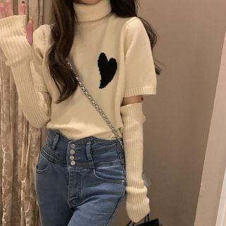 Set: Turtleneck Short-sleeve Heart Print Knit Top + Arm Sleeves