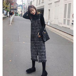Set: Plain Turtle-neck Long-sleeve Slim-fit Top / Tweed Jumper Dress