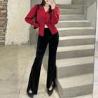 V-neck Knit Cardigan / High-waist Slit Pants