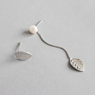 Non-matching 925 Sterling Silver Freshwater Pearl Leaf Dangle Earring Silver - One Size