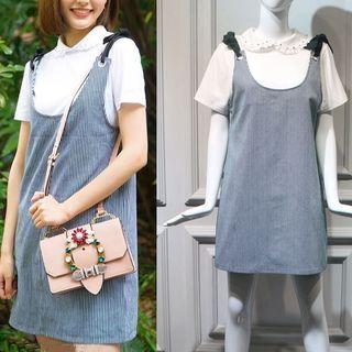Set: Short-sleeve Top + Striped Jumper Dress