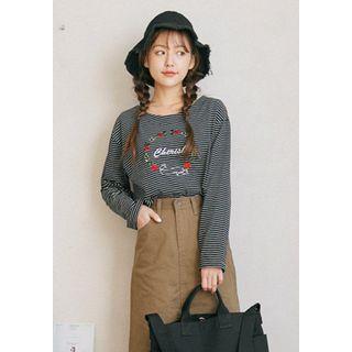 Rose Lettering Embroidered Stripe T-shirt
