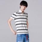 Letter Embroidered Striped Short Sleeve Polo Shirt