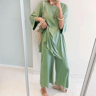 Set: Drop-shoulder Loose-fit Top + Band-waist Wide-leg Pants
