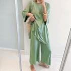 Set: Drop-shoulder Loose-fit Top + Band-waist Wide-leg Pants