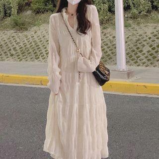 Long-sleeve Tiered Midi A-line Dress / Contrast Trim Button-up Jacket