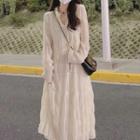 Long-sleeve Tiered Midi A-line Dress / Contrast Trim Button-up Jacket