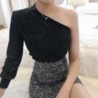 One-shoulder Dotted Top / Sequined Mini Pencil Skirt