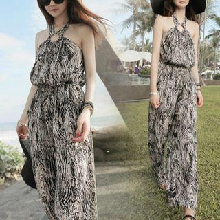 Patterned Halter Open Back Jumpsuit