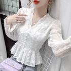 Long-sleeve Lace Trim Chiffon Peplum Top