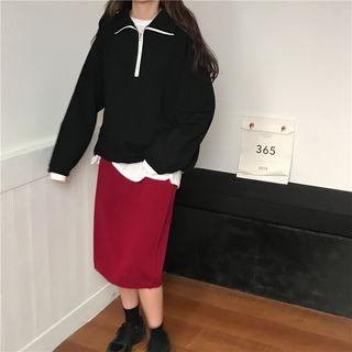 Half-zip Pullover / Floral Print Midi A-line Skirt