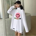 Mock Neck Smiley Face Embroidered Ripped Long-sleeve T-shirt