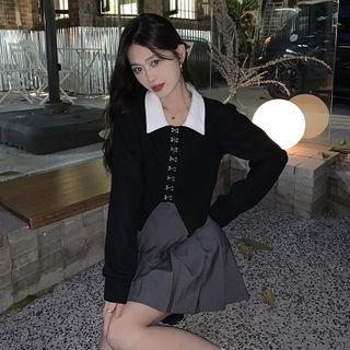 Contrast Collar Asymmetrical Cropped Blouse Black - One Size