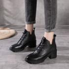 Genuine Leather Lace-up Block-heel Ankle Boots