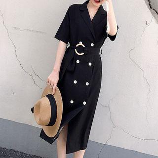 Elbow-sleeve Double Breasted Midi Coat Dress