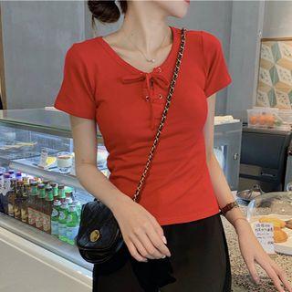 Lace-up Short-sleeve Ribbed T-shirt