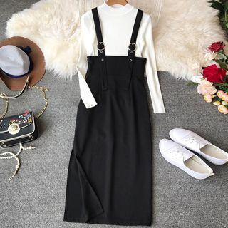 Set: Long-sleeve Knit Top + Midi Pinafore Dress