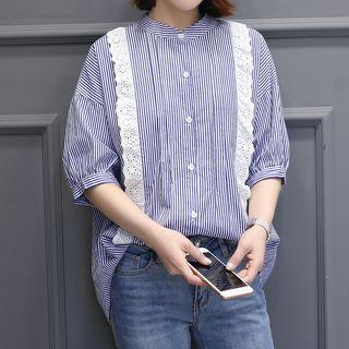 Lace Trim Striped Elbow-sleeve Blouse
