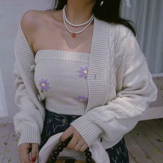 Floral Embroidered Knit Tube Top / Cable-knit Cardigan