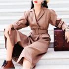 Pinstriped Double-breasted Midi Coat Dress