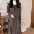 Long-sleeve Peter Pan Collar Tie-neck Dress Coffee - One Size