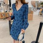 Long-sleeve Floral Print Open-back A-line Mini Dress