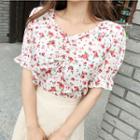 Puff-sleeve Floral Print Shirred Top