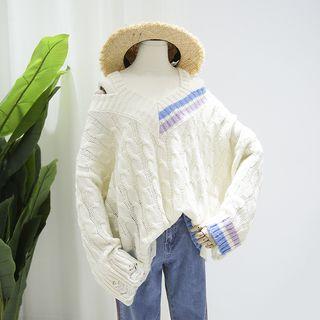 Cutout-shoulder Cable-knit Color-block Sweater