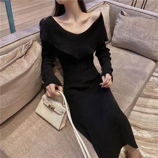 Long-sleeve Ruffled Knit Plain Dress