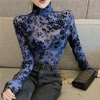 Floral Turtle-neck Long-sleeve Slim-fit Sheer Top