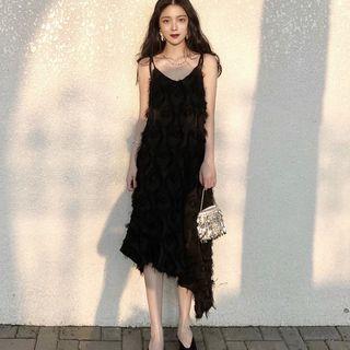 Feather Accent Strappy Midi A-line Dress
