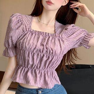 Puff-sleeve Square Neck Crinkle Top