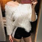 3/4-sleeve Plain Furry Sweater