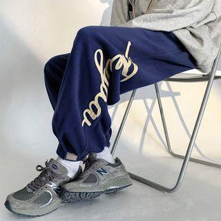 Lettering Print Drawstring Cuff Fleece Sweatpants
