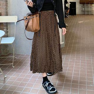 High-waist Chessboard Accordion Pleat Maxi Skirt Coffee & Black - One Size