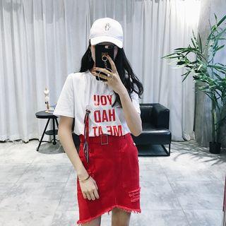 Set: Lettering Short Sleeve T-shirt + Fray Hem Denim Skirt