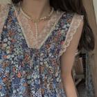 Puff-sleeve Shirred Blouse / Sleeveless Floral Print A-line Dress