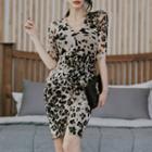 Elbow-sleeve Leopard Print Mini Sheath Dress