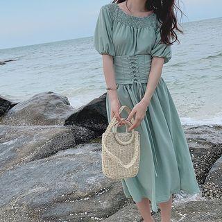 Set: Puff-sleeve Top + Corset Waist A-line Midi Skirt