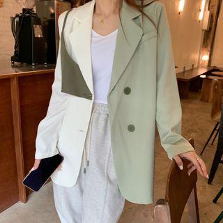 Single-breasted Color Block Blazer White & Green - One Size