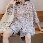Elbow-sleeve Graphic Print Shirt Floral - Light Pink - One Size