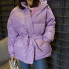 Snap-button Padded Jacket With Belt Violet - One Size