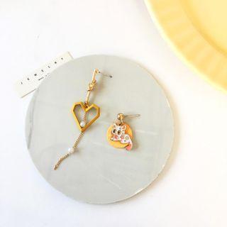 Cat Heart Asymmetrical Alloy Dangle Earring 1 Pair - S925 Silver Stud Earring - Gold & Yellow - One Size