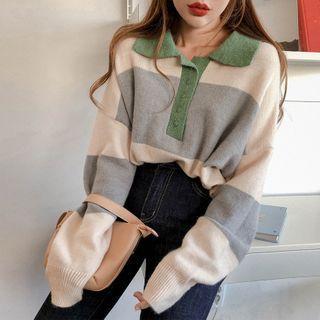 Long-sleeve Polo Collared Striped Sweater As Shown In Figure - One Size