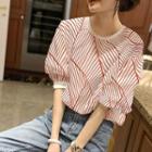 Elbow-sleeve Irregular Striped Blouse
