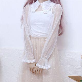 Set: Long-sleeve Collared Mesh Top + Camisole